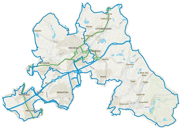 Map of the three new proposed constituencies: Rochdale, Prestwich and Middleton, and Littleborough and Saddleworth